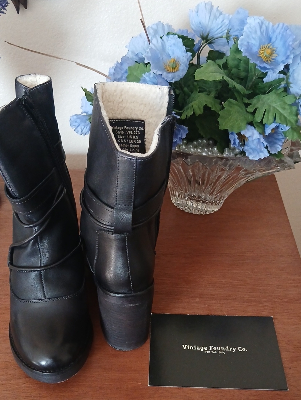 Vintage Black Leather Shearling-Lined Block Heel Ankle Boots